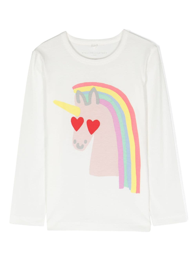 Stella Mccartney Kids' White T-shirt For Girl With Unicorn In Avorio