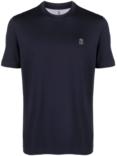 Brunello Cucinelli Embroidered-logo Cotton T-shirt In Blue