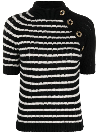 Balmain Striped Buttoned Cashmere Knit In Black