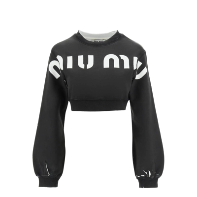 Miu Miu Printed Cotton Sweatshirt In Black