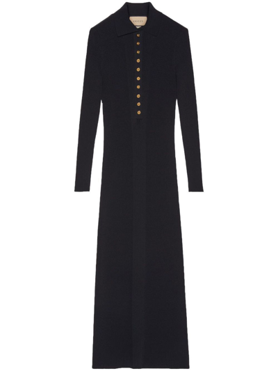 Gucci Ribbed-knit Midi Dress In Black