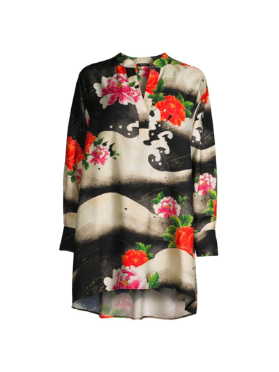 Natori Mayumi Cotton Silk Oversized Half Placket Shirt In Black Multi