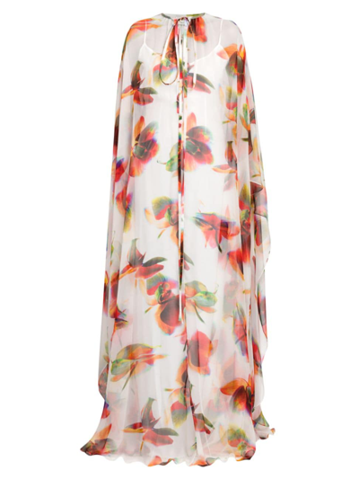 Alexander Mcqueen Flowy Orchid Printed Silk Cape Gown In Optical White