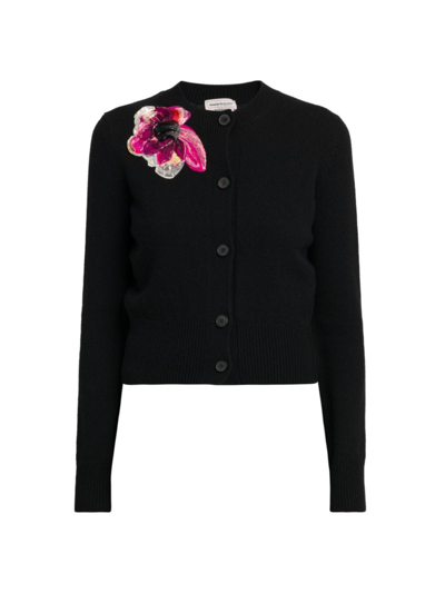 Alexander Mcqueen Cashmere-blend Cardigan With Embroidered Flower Detail In Black Pink