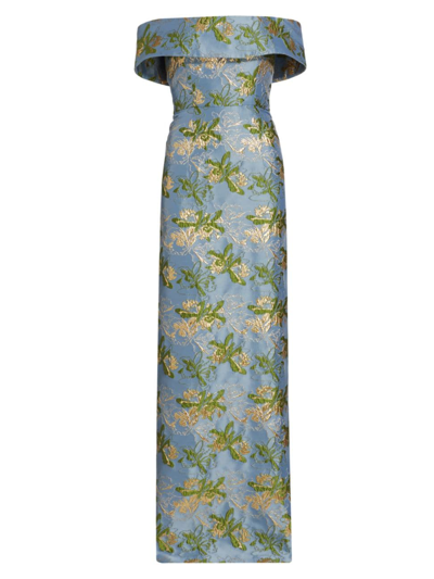 Markarian Clover Brocade Column Gown In Blue And Green Metallic Floral