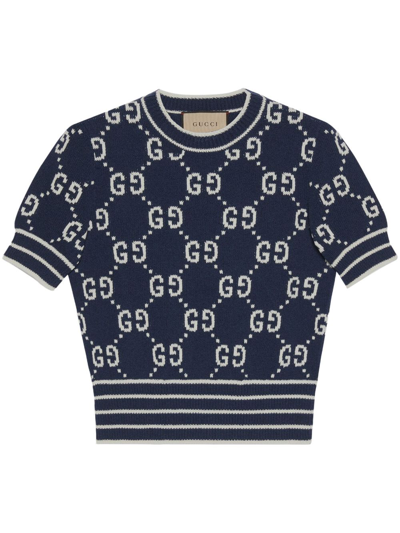 Gucci Gg Cotton Jacquard Top In Blue Navy,ivory