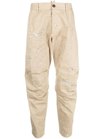 Dsquared2 Distressed-effect Cotton Cropped Trousers In Neutrals