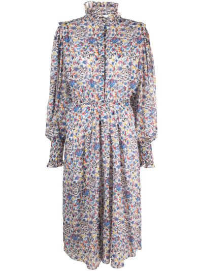 Isabel Marant Floral-print Ruffle-neck Midi Dress In White