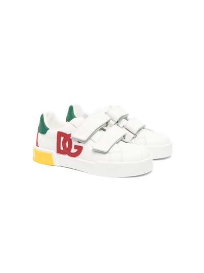 Dolce & Gabbana Kids' Logo Print Leather Strap Sneakers In White,multi