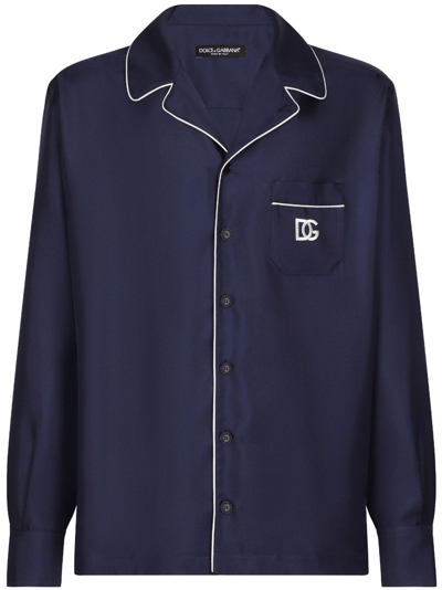 Dolce & Gabbana Camicia In Seta Con Patch Ricamo Logo Dg In Blue