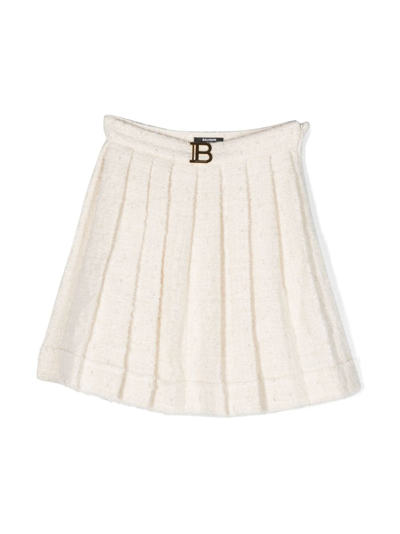 Balmain Teen Logo-plaque Pleated Silk Skirt In Bianco
