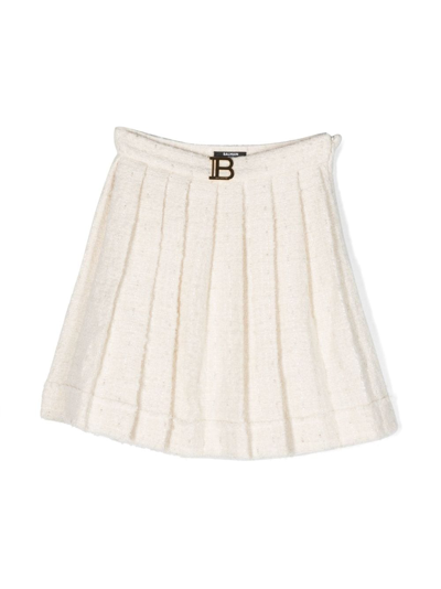 Balmain Teen Logo-plaque Pleated Silk Skirt In Neutrals