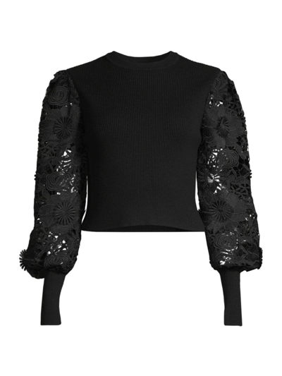 Milly Lace-sleeve Crewneck Rib Sweater In Black
