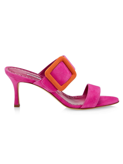 Manolo Blahnik Gable 70mm Bicolor Suede Buckle Sandals In Pink