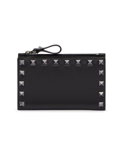 Valentino Garavani Women's Rockstud Calfskin Cardholder With Zip In Black