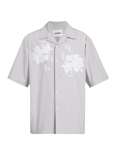 Jil Sander Men's Floral Embroidered Short-sleeve Shirt In Gray
