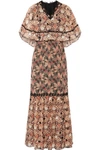 ANNA SUI EMBELLISHED PRINTED SILK-CHIFFON AND COTTON-BLEND VOILE MAXI DRESS
