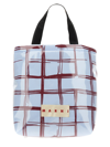 Marni Glossy Coated Canvas Tote Bag With Double Handles And Plaid Pattern In Blu