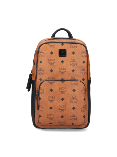 Mcm Aren Monogram Printed Zipped Backpack In Brown