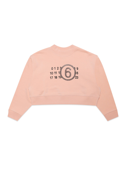 Mm6 Maison Margiela Kids' Cropped Crew-neck Jersey Sweatshirt With Logo Light Spots In Pink