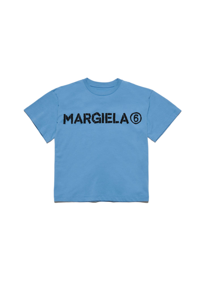 Mm6 Maison Margiela Kids' Crew-neck Jersey T-shirt With Logo In Blue