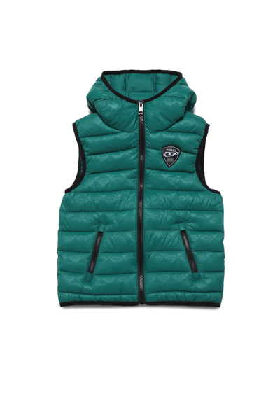 Diesel Kids' Hooded Sleeveless Padded Jacket With Allover Monogram Print In Green