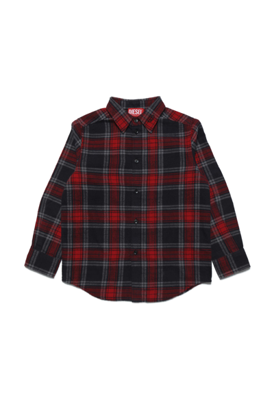 Diesel Kids' Stretch Check Print Cotton Shirt In Black,red