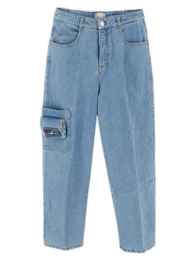 Fendi Kids Double F Straight Leg Denim Jeans In Blue