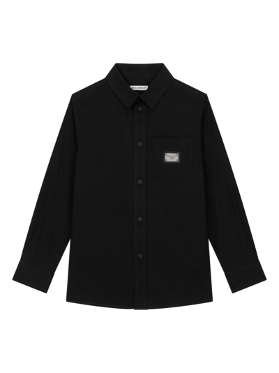 Dolce & Gabbana Kids' Poplin-texture Logo-plaque Shirt In Black