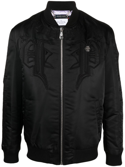 Philipp Plein Logo-embroidered Satin Bomber Jacket In Black