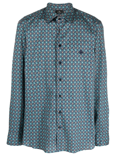 Etro Graphic-print Stretch-cotton Shirt In Blue