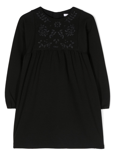 Chloé Kids' Logo刺绣棉连衣裙 In Black