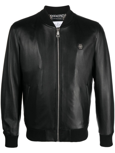 Philipp Plein Bomber Leather Jacket In Black