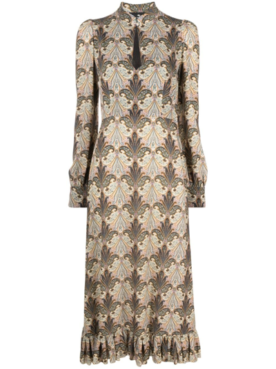 Etro Long-sleeve Paisley Ruffle-hem Midi Dress In Black