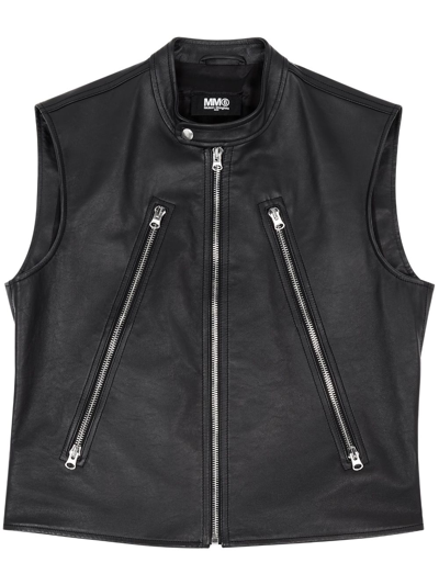 Mm6 Maison Margiela Notched-lapel Leather Gilet In Black