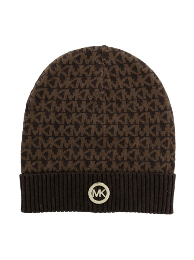 Michael Kors Kids' Monogram-pattern Knit Beanie In Brown