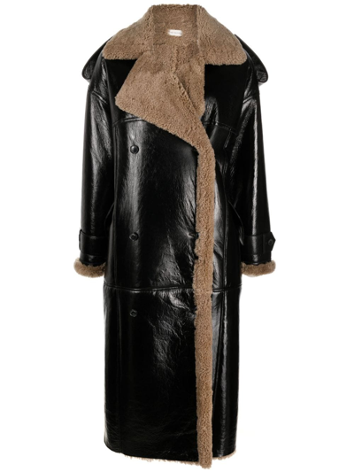 THE MANNEI DOUBLE-BREASTED SHEARLING-TRIM LEATHER COAT