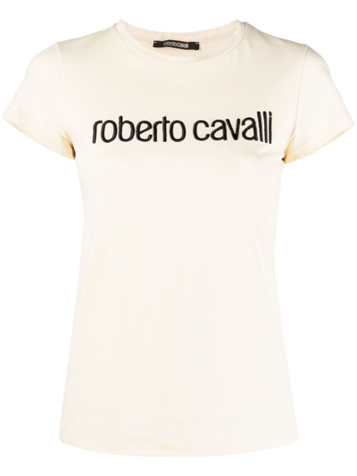 Roberto Cavalli Logo-embroidered T-shirt In Nude