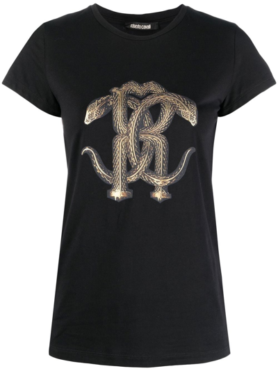 Roberto Cavalli Mirror Snake-print T-shirt In Black/gold
