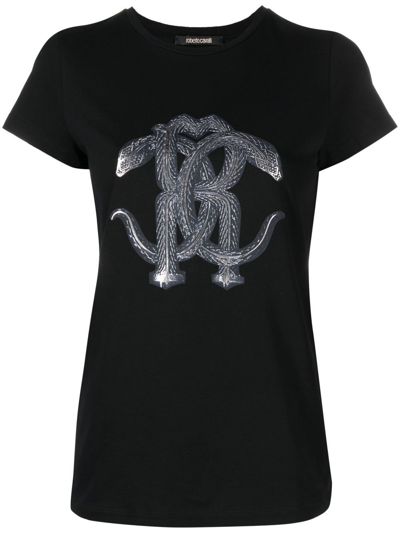 Roberto Cavalli Monogram Snake-print T-shirt In Black