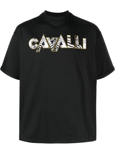 Roberto Cavalli Zebra-print Logo T-shirt In Black