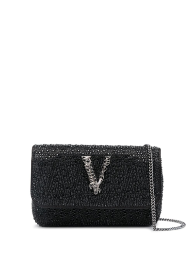 Versace Virtus Rhinestone-embellished Shoulder Bag In Black