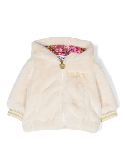 Moschino Babies' Brushed Hooded Zip-up Jacket In Neutrals