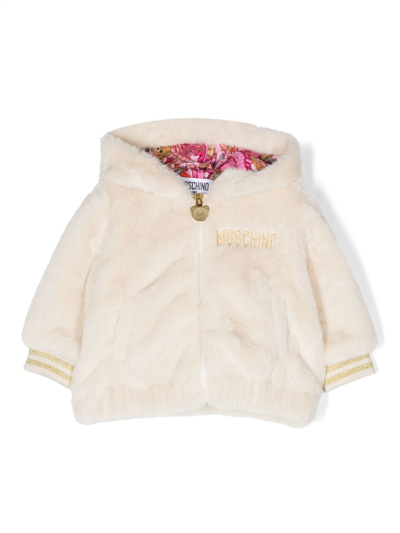 Moschino Babies' Brushed Hooded Zip-up Jacket In White