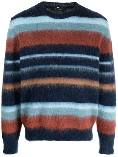 Etro Striped Mohair Knit Crewneck Jumper In Blue