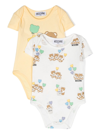Moschino Babies' Leo Teddy-print Cotton Bodysuit Set In Yellow