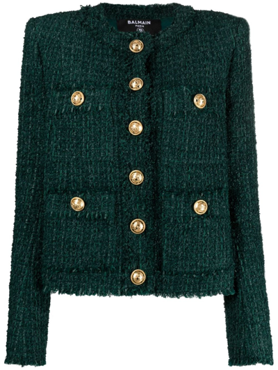 Balmain Cropped Tweed Jacket In Green