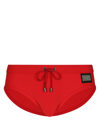 Dolce & Gabbana Logo-plaque Swim Trunks In Red