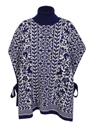 La Doublej Jacquard-knit Merino Wool Turtleneck Poncho In Blue