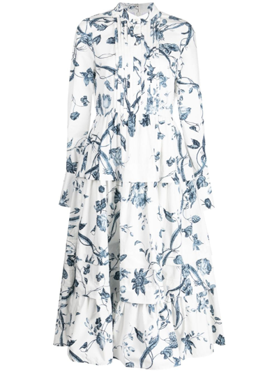Erdem Floral-print Long-sleeve Tiered Shirtdress With Bib-front In Ophelia Vine White